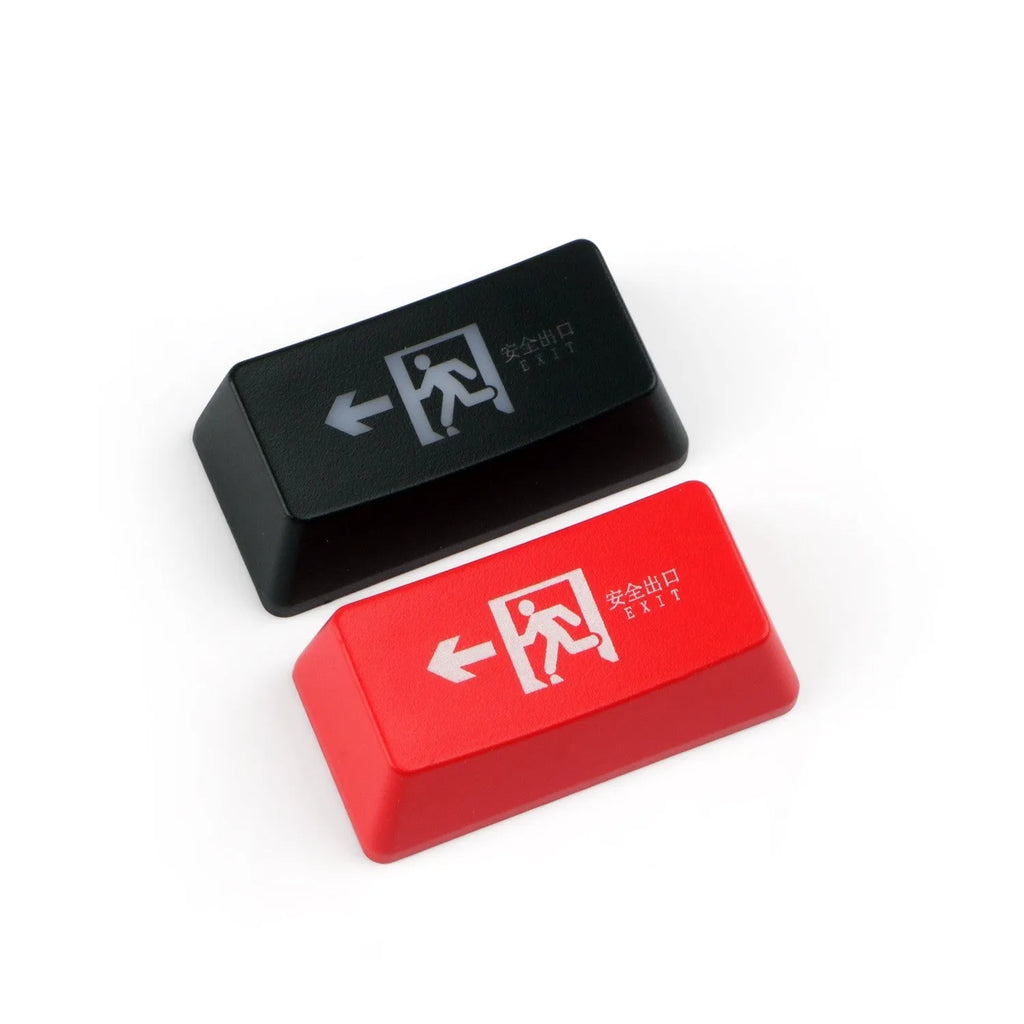 Transparent mechanical keyboard key cap with red safety evacuation exit symbol for backspace key.