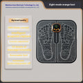 Blue rechargeable foot massager mat with remote control on wooden floor