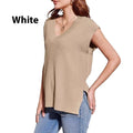 Loose fit sleeveless V-neck vest in Camel or White viscose fiber for women