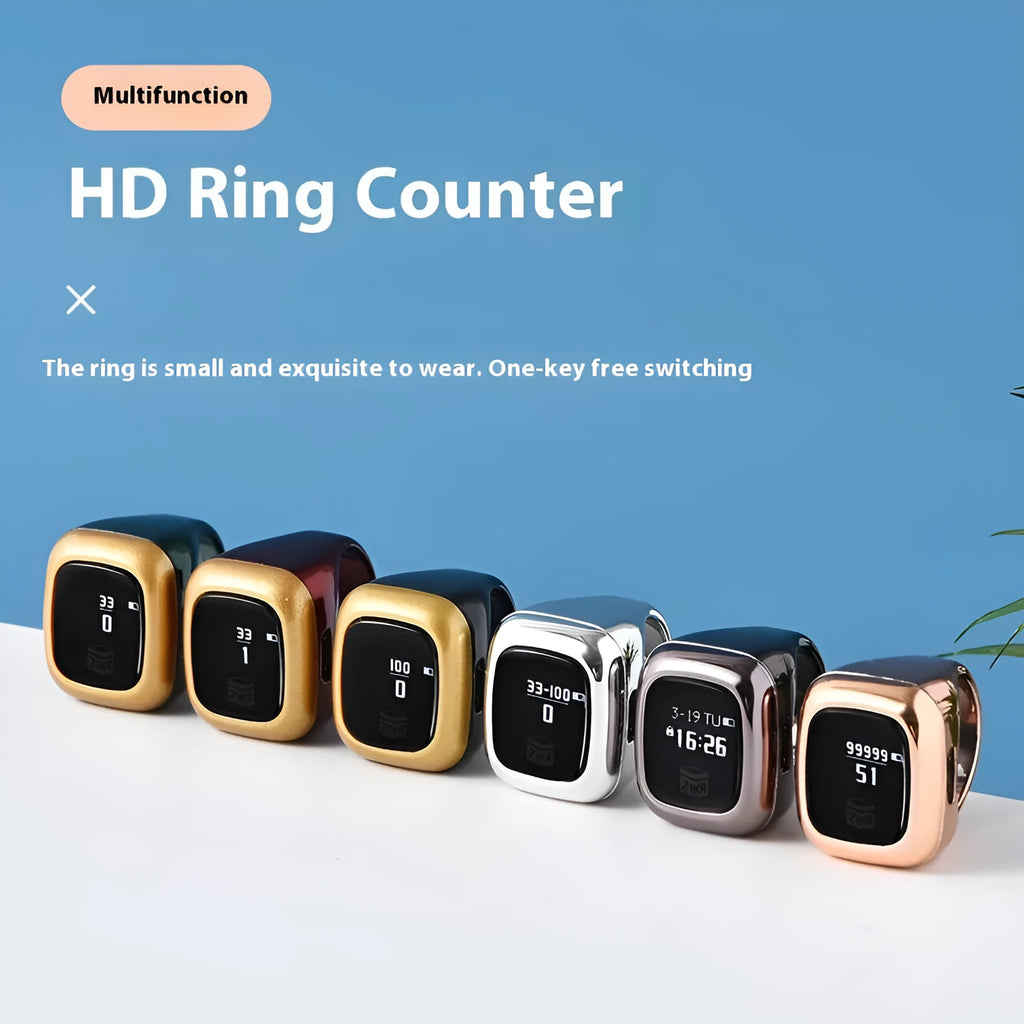 Al-Fatiha electronic Zikr counter on wrist in rose gold colour with digital display showing a count.