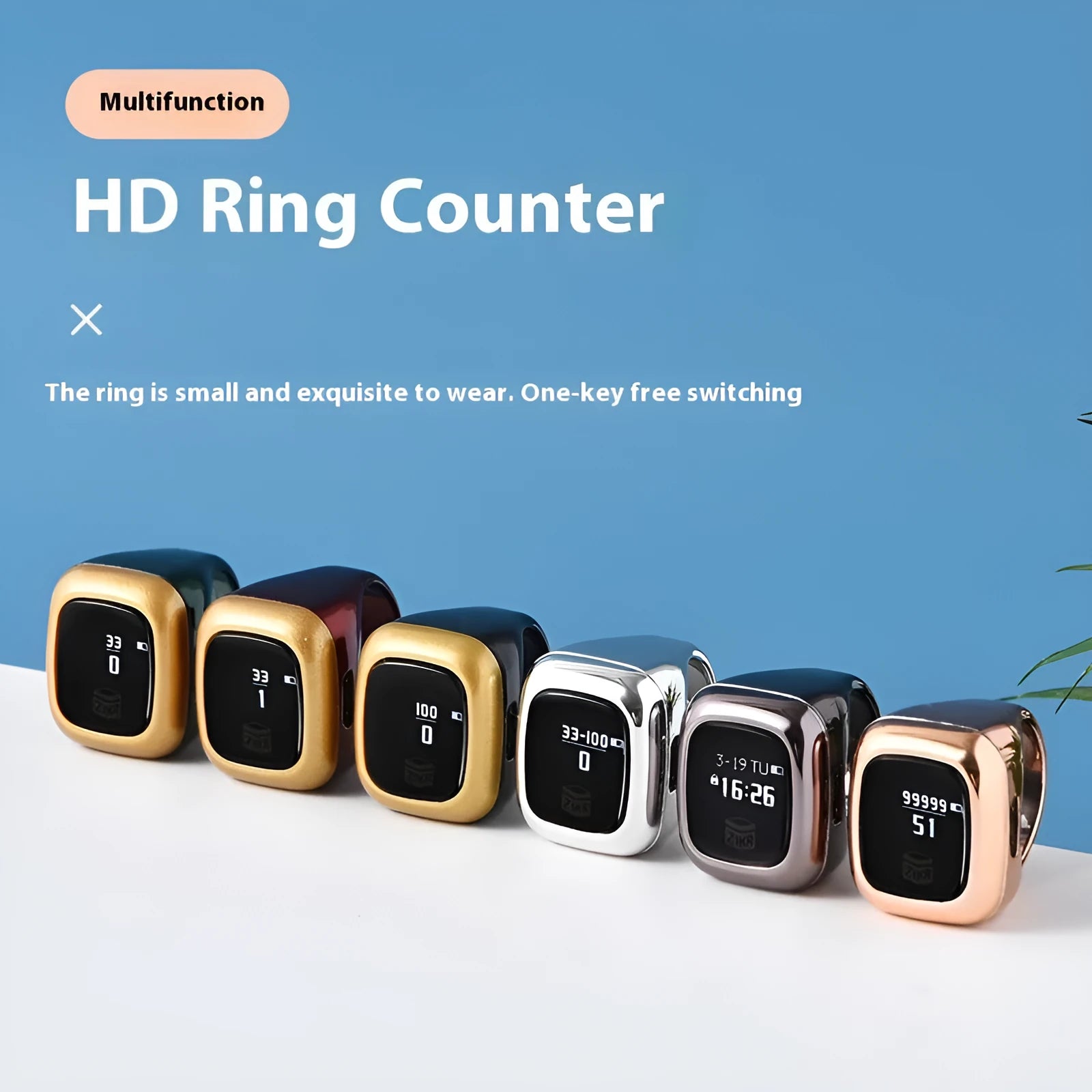Al-Fatiha electronic Zikr counter on wrist in rose gold colour with digital display showing a count.