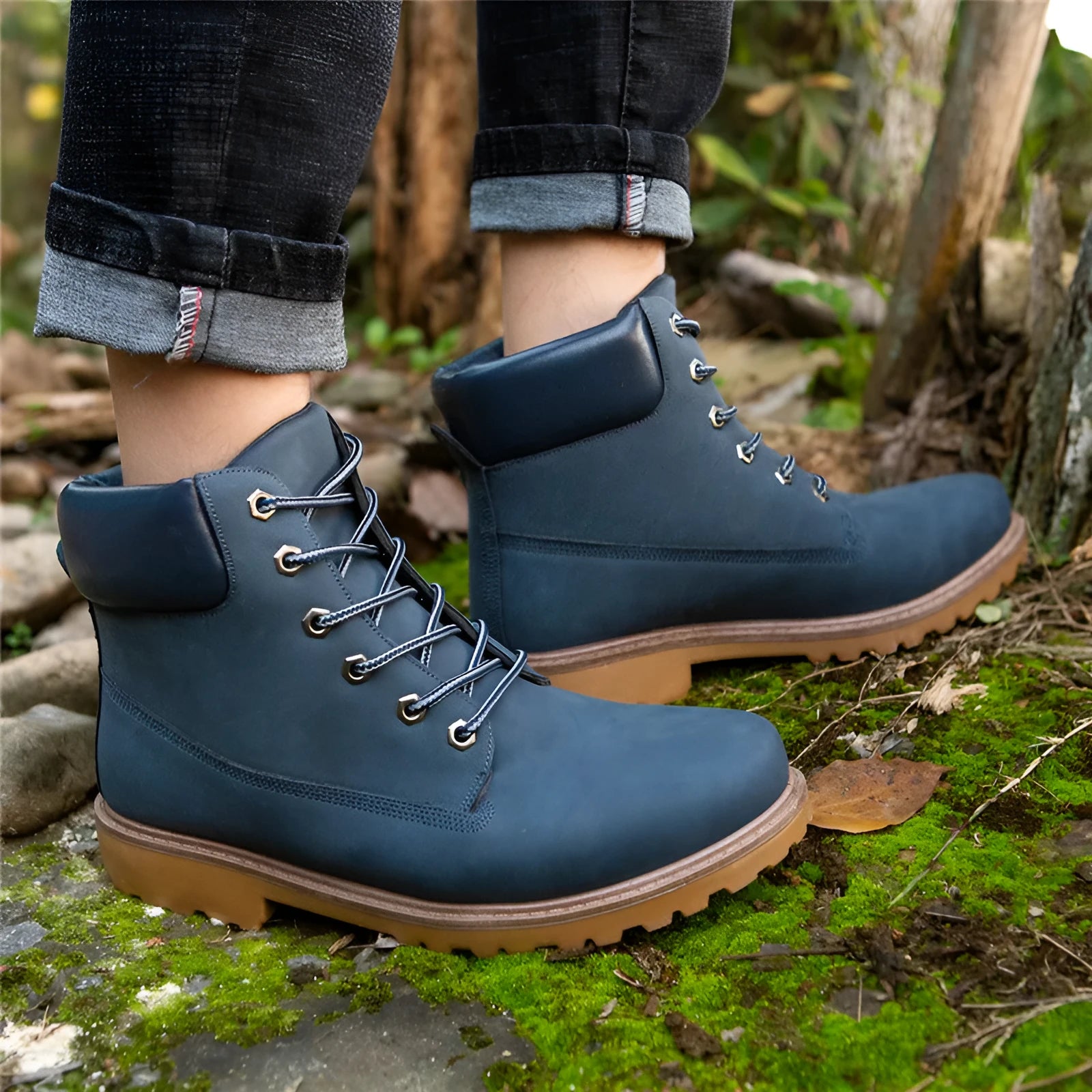 Men's pink Martin boots with velvet lining, round toe design and lace-up front closure