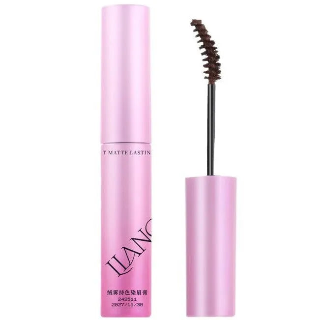 Eyebrow cream in container showing four matte shade options including milk coffee coconut palm