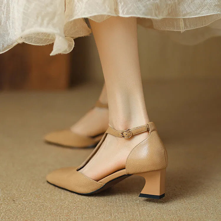 Women's wine red square toe chunky heel shoes with a buckle strap, made from sheepskin leather.