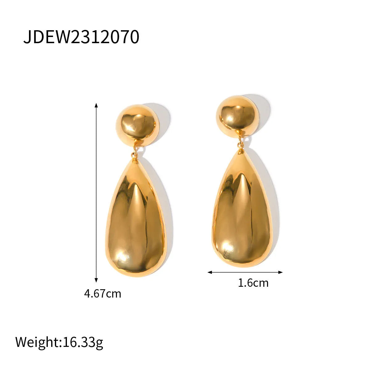 Gold stainless steel earrings with geometric hemisphere shape and water drop pendant design