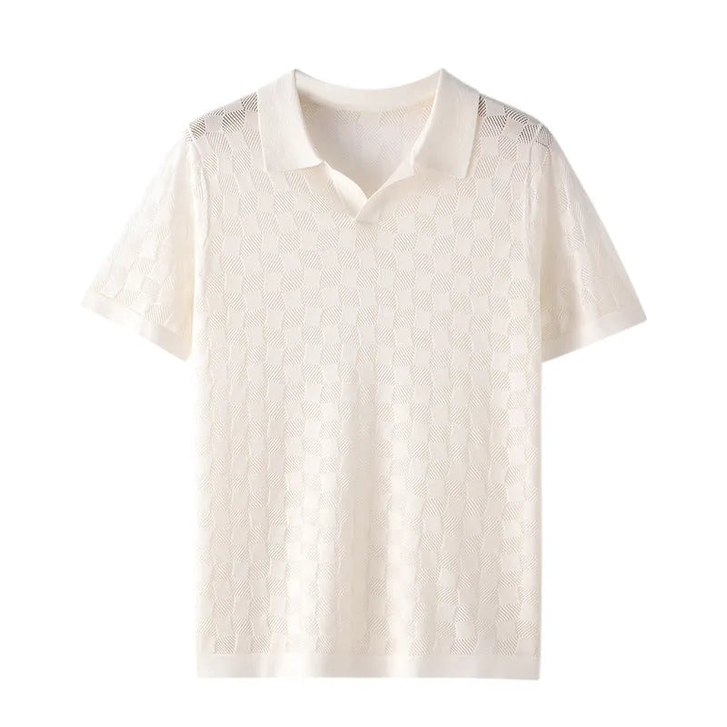 Men's short sleeve lapel sweater in mulberry silk, shown in a solid colour on a model.