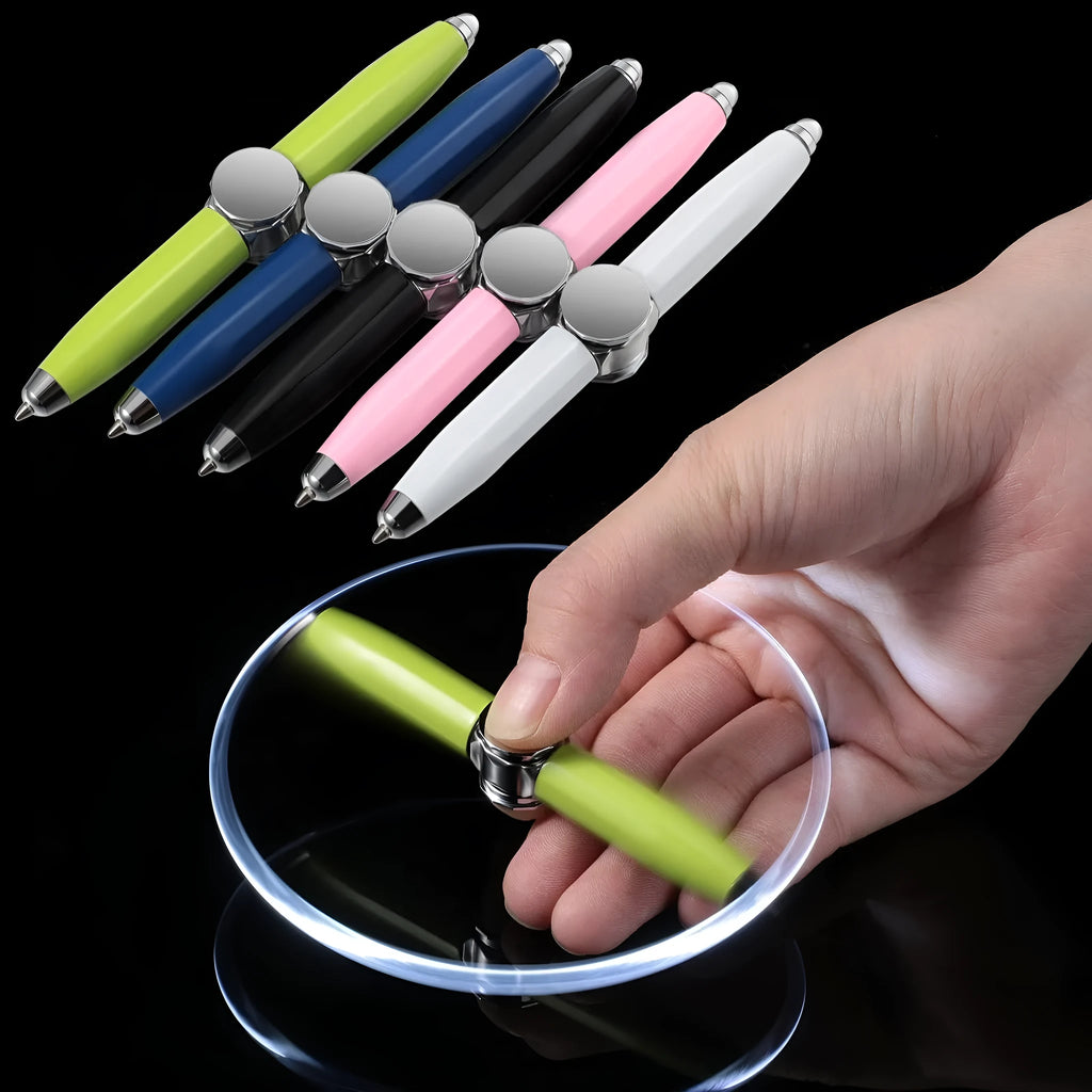 Metal ballpoint pen with integrated LED gyro spinner showing colour-changing lights during spinning