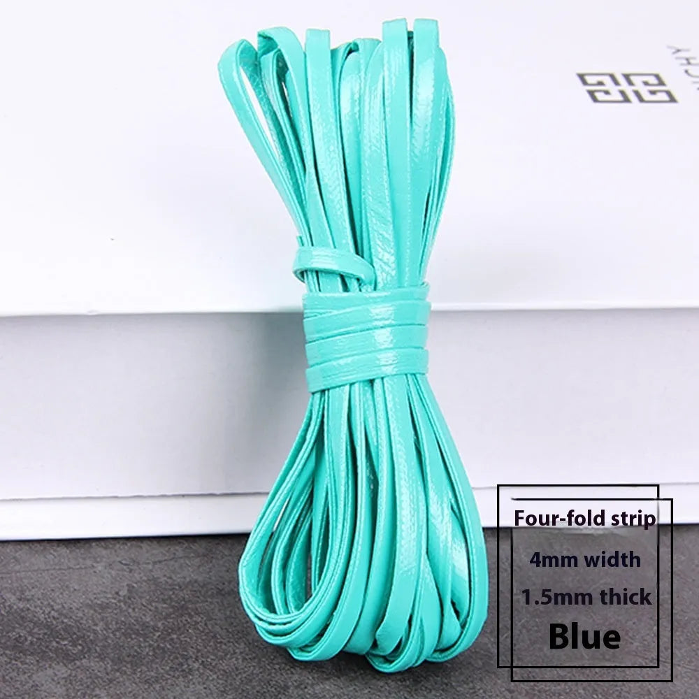 Coiled PU leather woven craft string in multiple colours including beige, black, red, blue, green, gold, and silver.