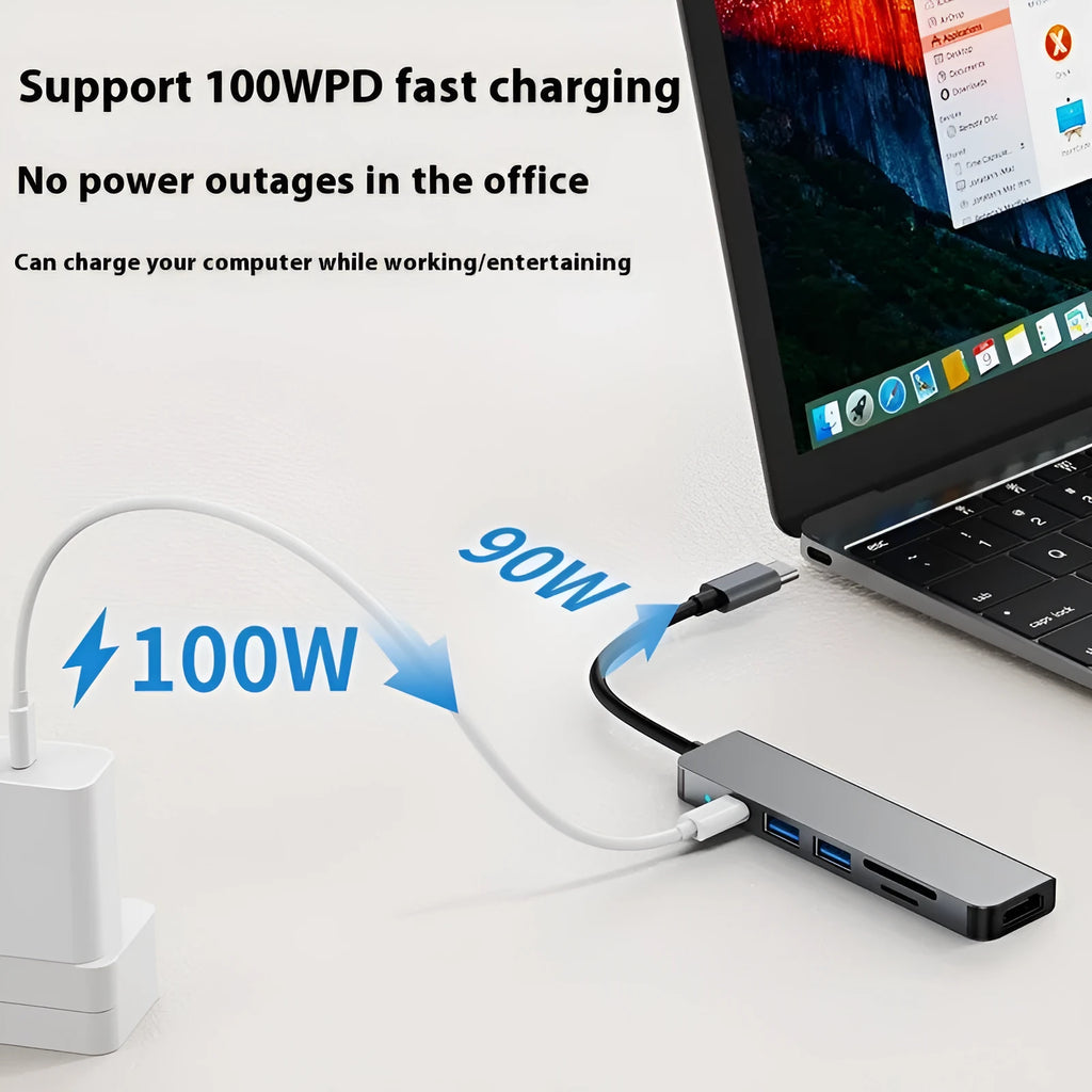 Portable aluminium 6-in-1 USB-C expansion dock for laptops and tablets