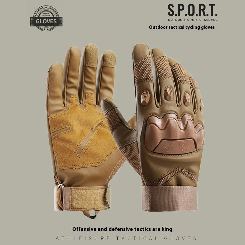 Men's black tactical full finger gloves with touch screen compatible fingertips on hand