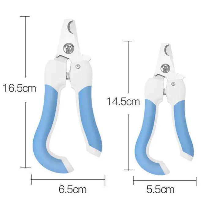 Pet nail scissors with curved handle, stainless steel cutter head, available in blue or pink small or large.