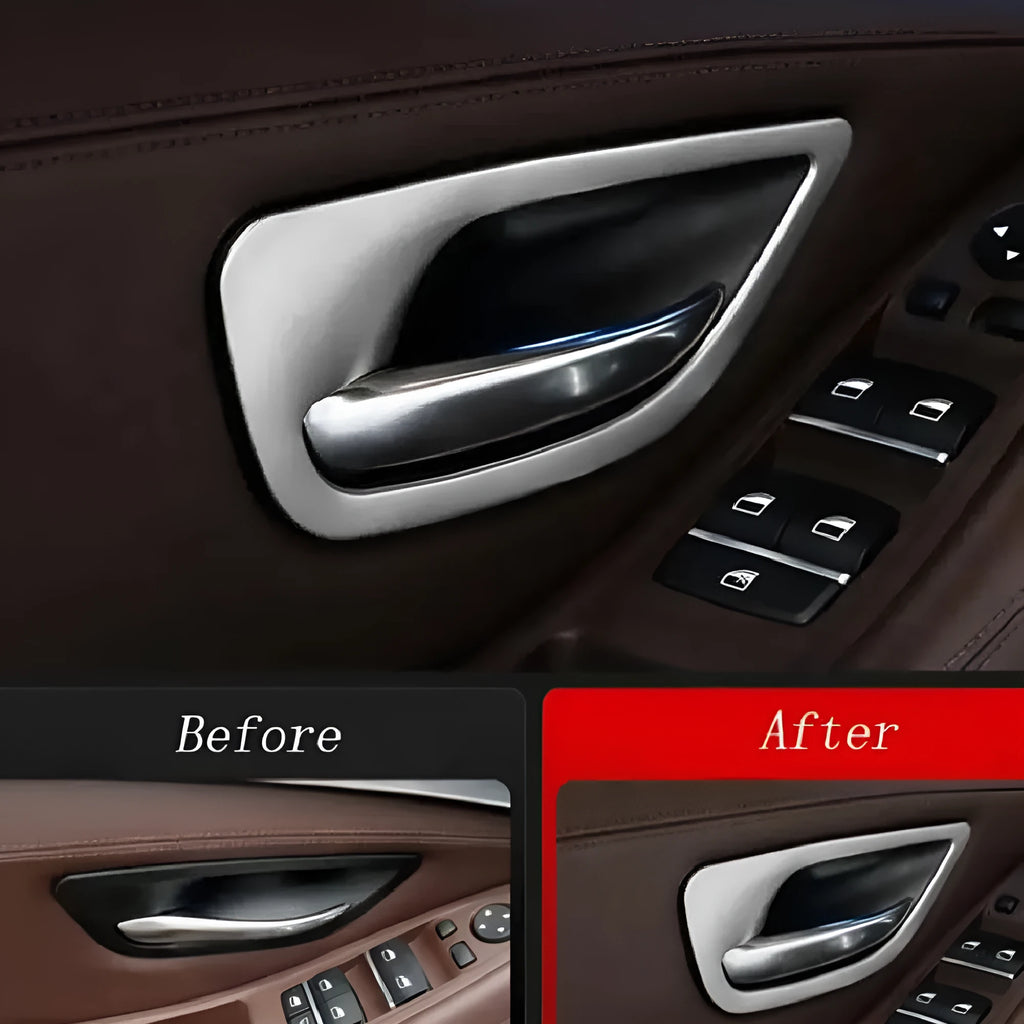 Four silver and black decorative trim strips for BMW 5 Series F10 model interior door handles.