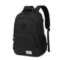 Grey nylon USB charging backpack with trolley sleeve showing dimensions and charging port