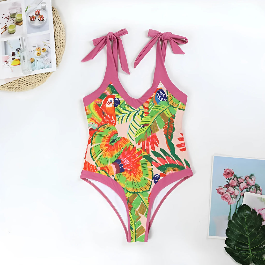 Pink floral print retro women's one-piece swimsuit with V-neck and attached thin skirt