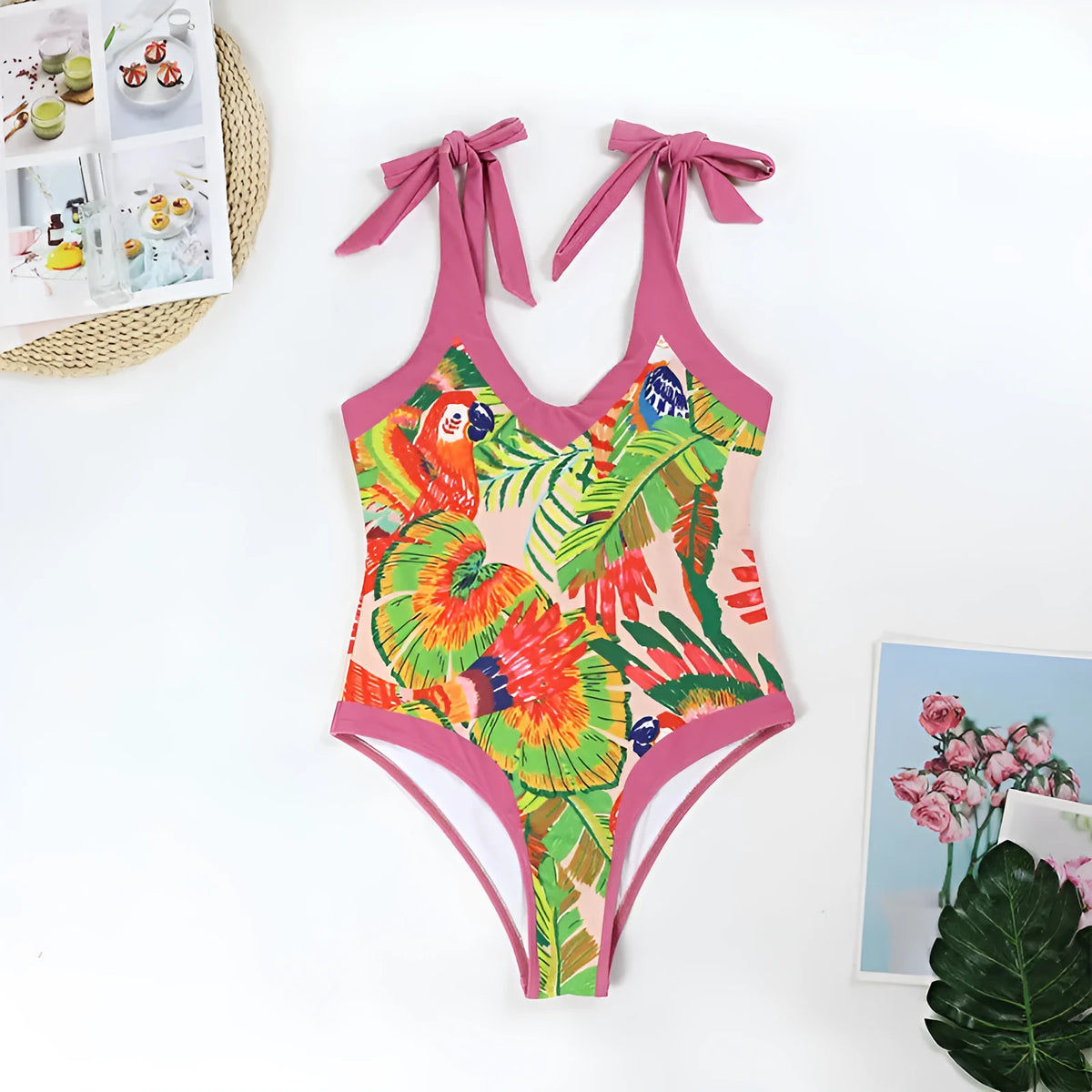 Pink floral print retro women's one-piece swimsuit with V-neck and attached thin skirt