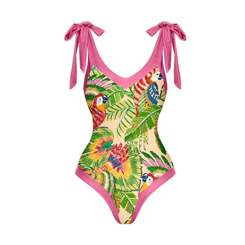 Pink floral print retro women's one-piece swimsuit with V-neck and attached thin skirt