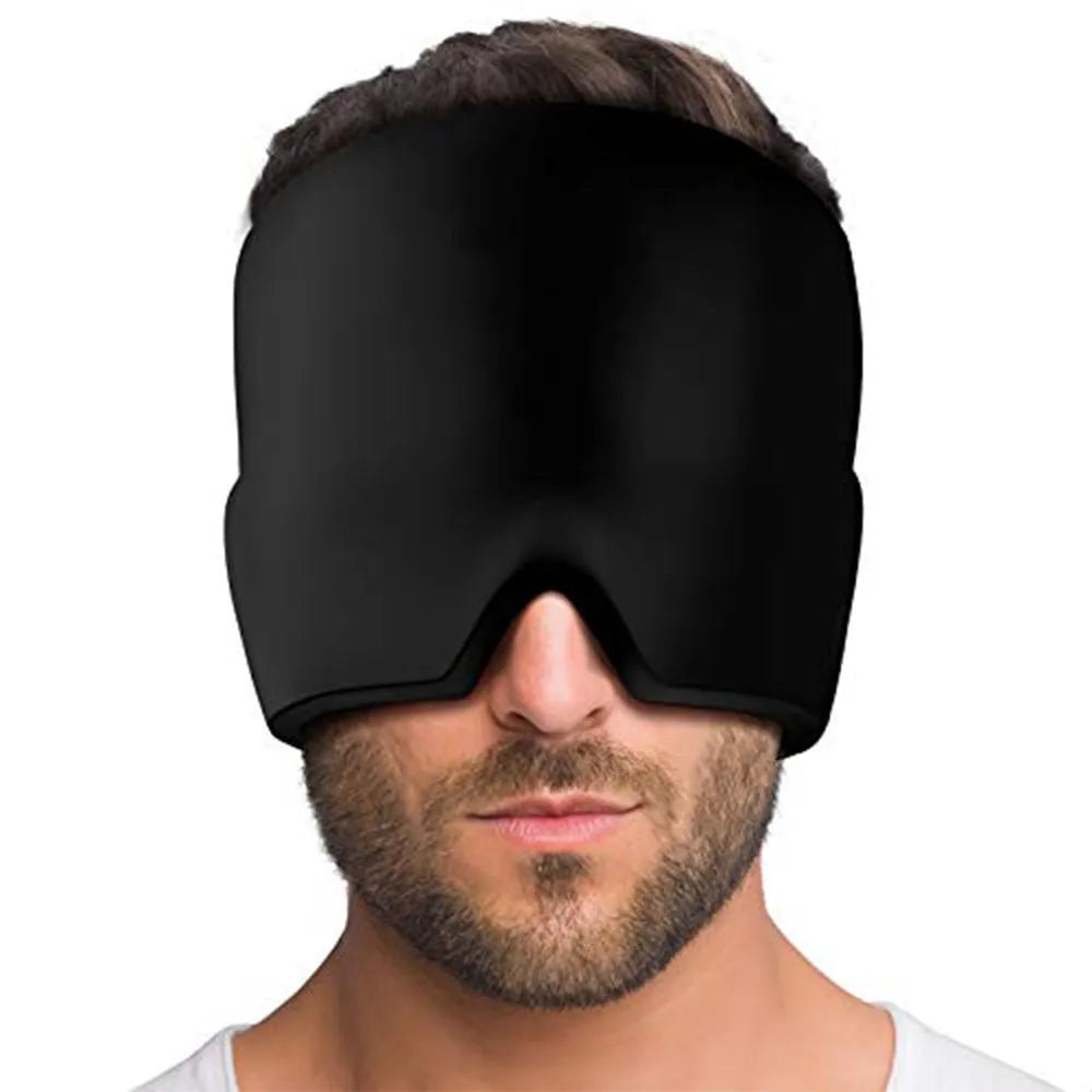 Black elastic cloth gel cooling eye mask for headache relief, shown with adjustable strap.