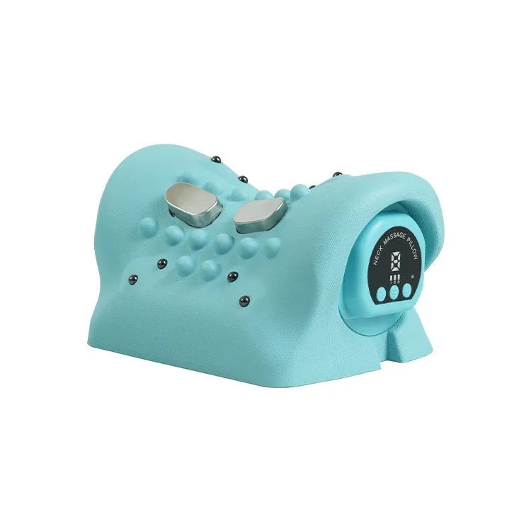 Blue-green portable EMS and hot compress massage pillow for shoulders and neck