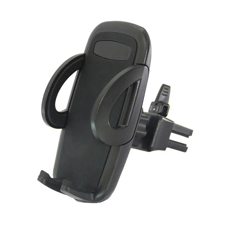 Black plastic car air vent mobile phone holder mounted on a car vent, holding a smartphone.