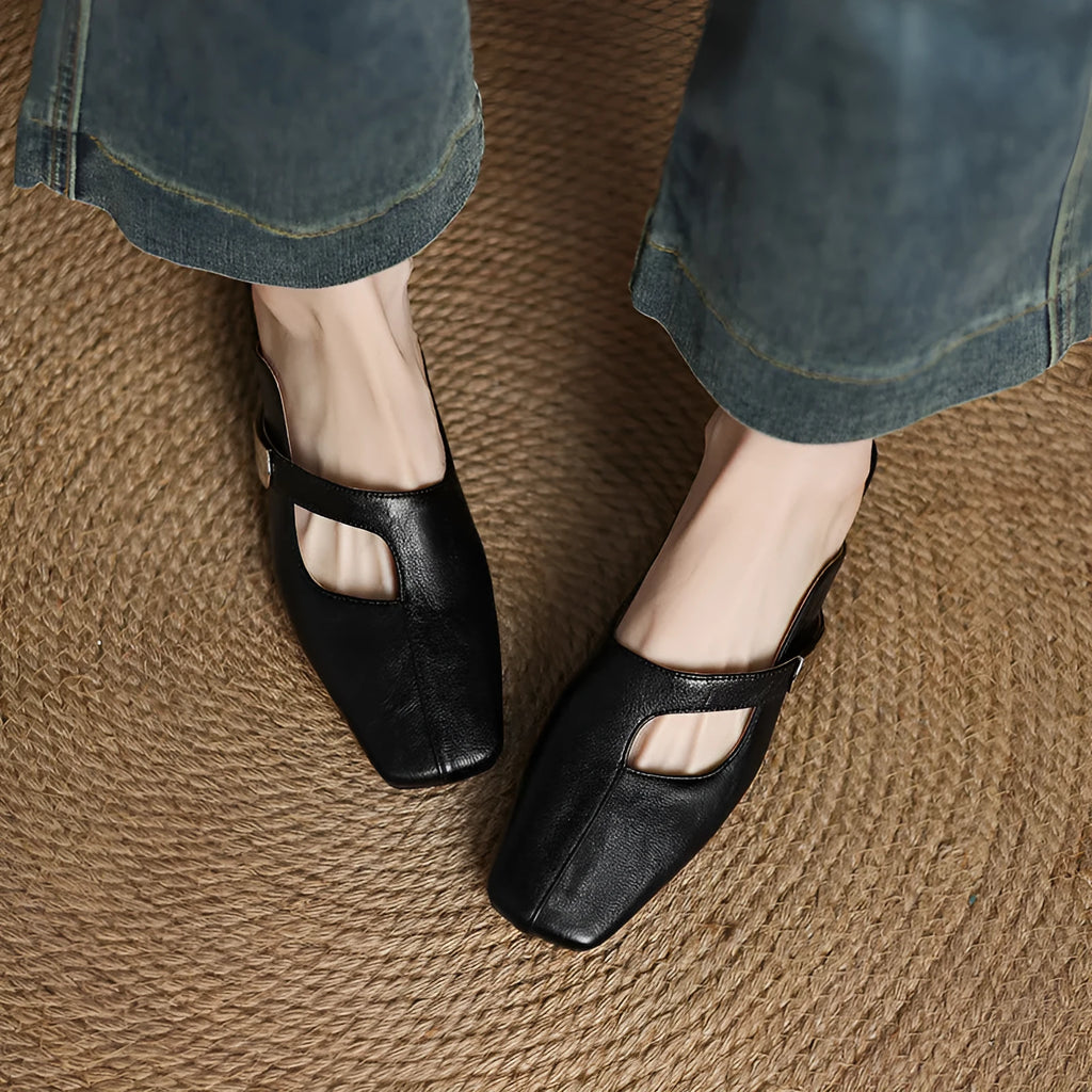 British style square toe outdoor slippers in artificial PU with rubber sole