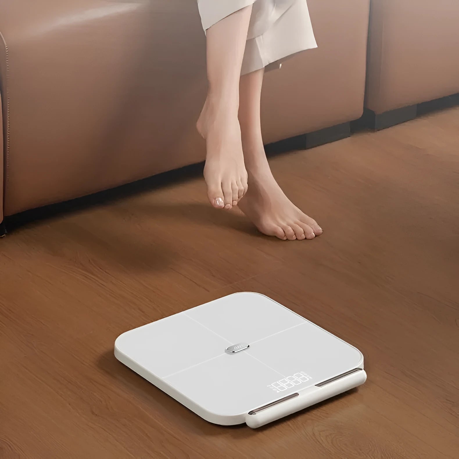 White professional body fat scale with 8 metal electrodes and a clear LED display on a tempered glass platform.