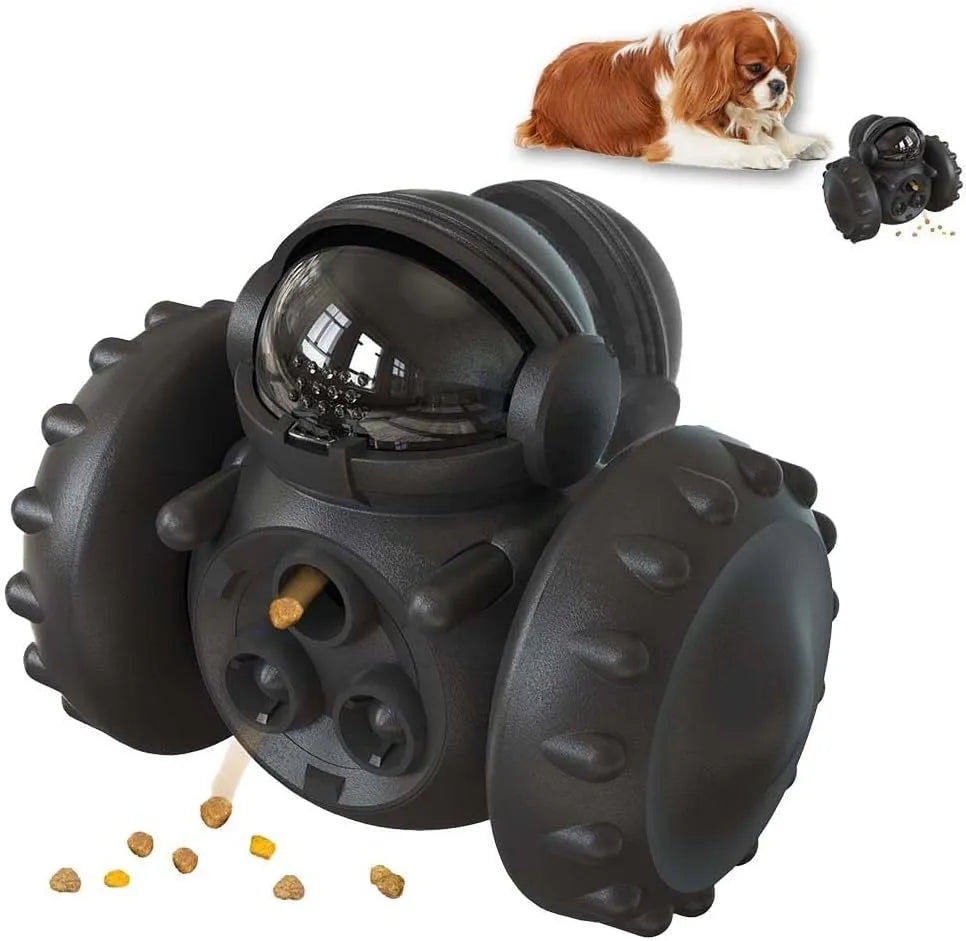 Robot-shaped interactive treat dispenser toy for small dogs and cats with self-balancing tumbler design
