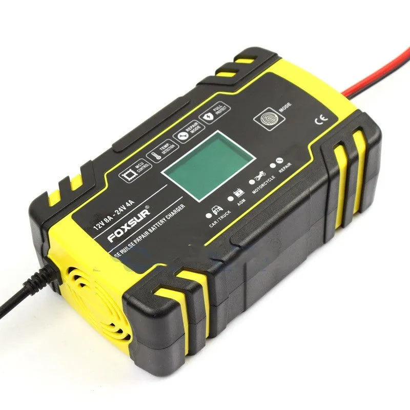 12V 24V battery charger unit with screen display showing charging parameters