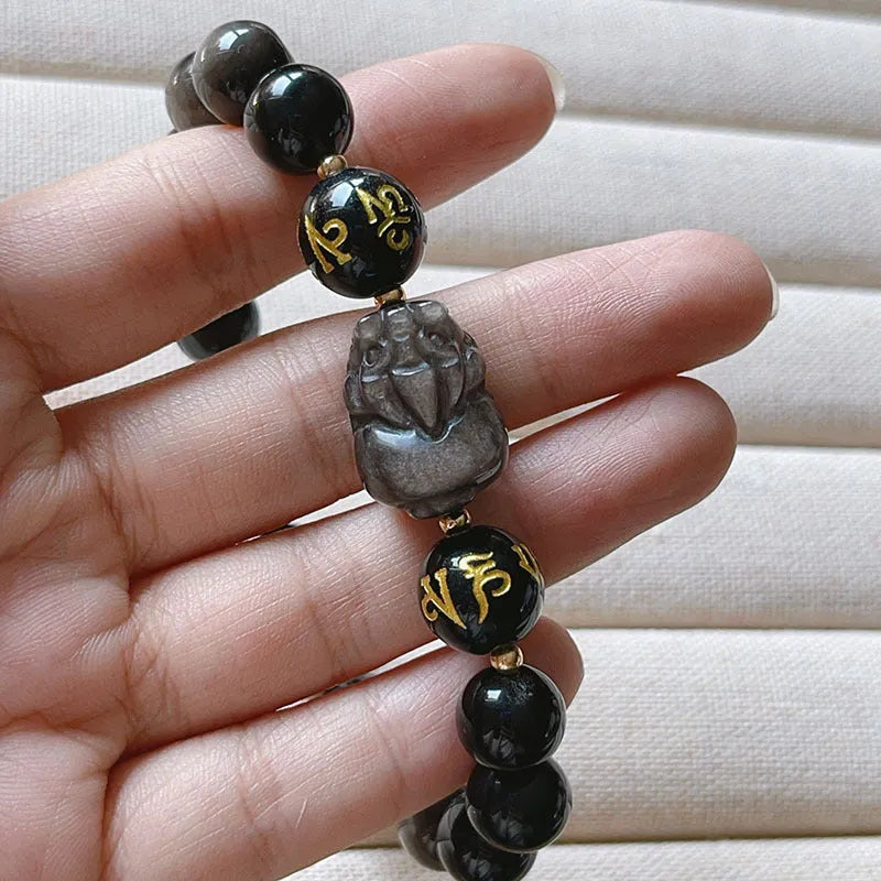 Men's handcrafted silver stone bracelet with Chinese proverbs and zodiac beads