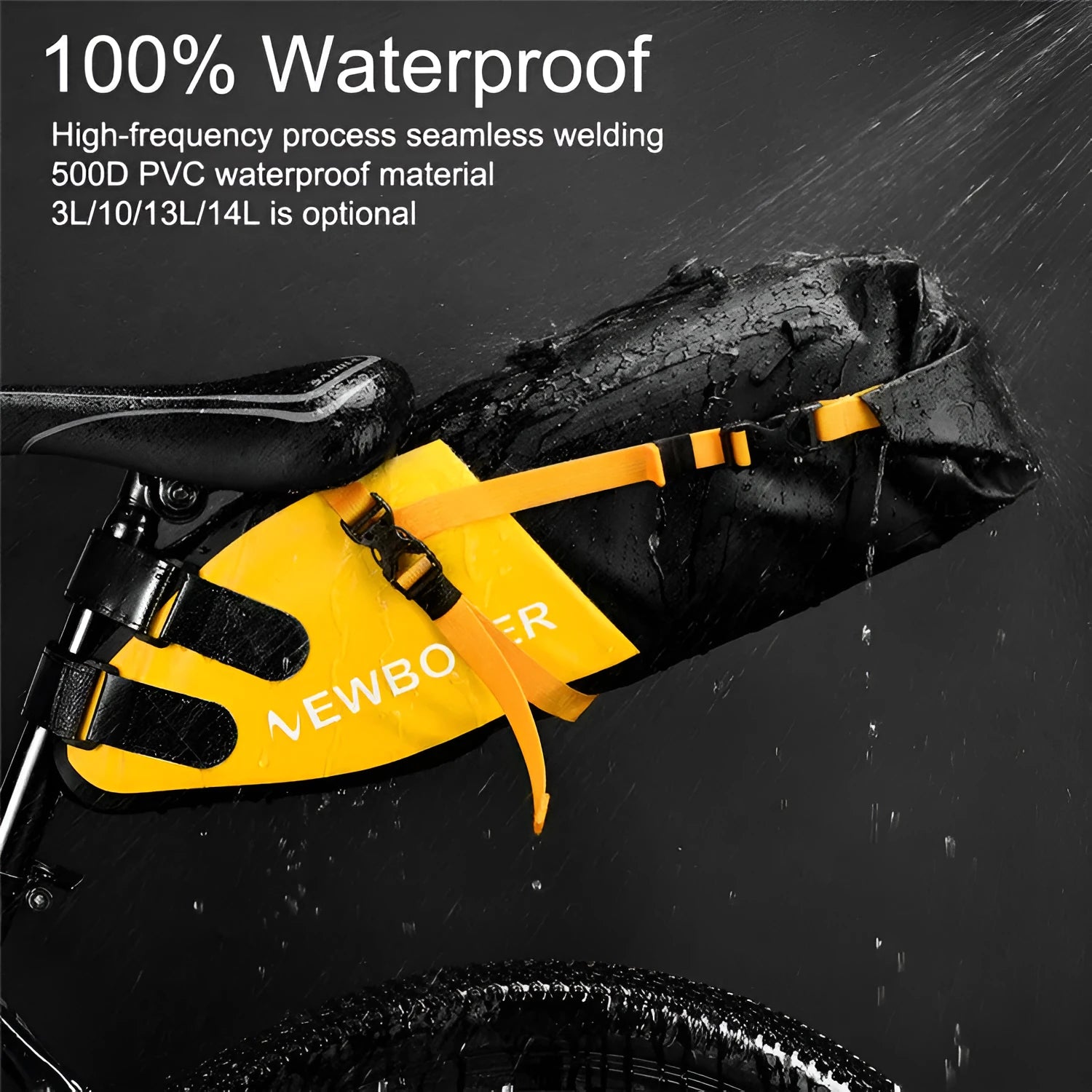 Waterproof PVC bicycle tail bag with 13-litre capacity in black, green, or yellow colours