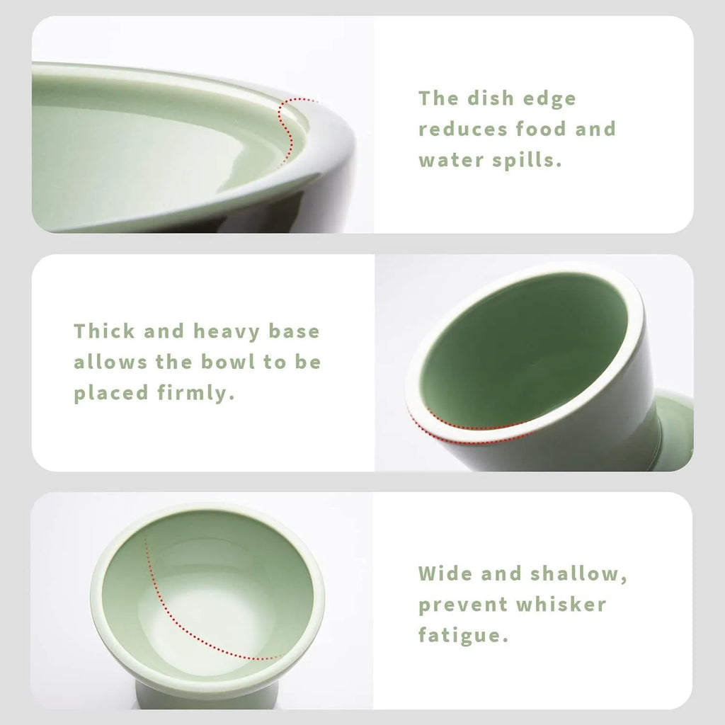 Extra wide elevated ceramic cat bowl in blue, green, pink or white colours