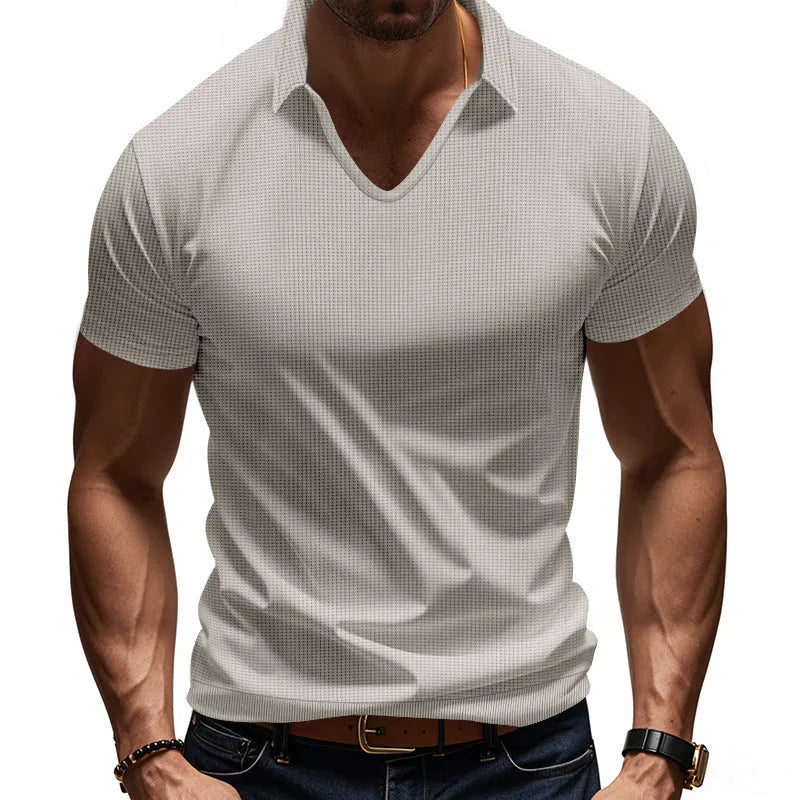 Men's loose fit V-neck short sleeve t-shirt in a light grey solid colour