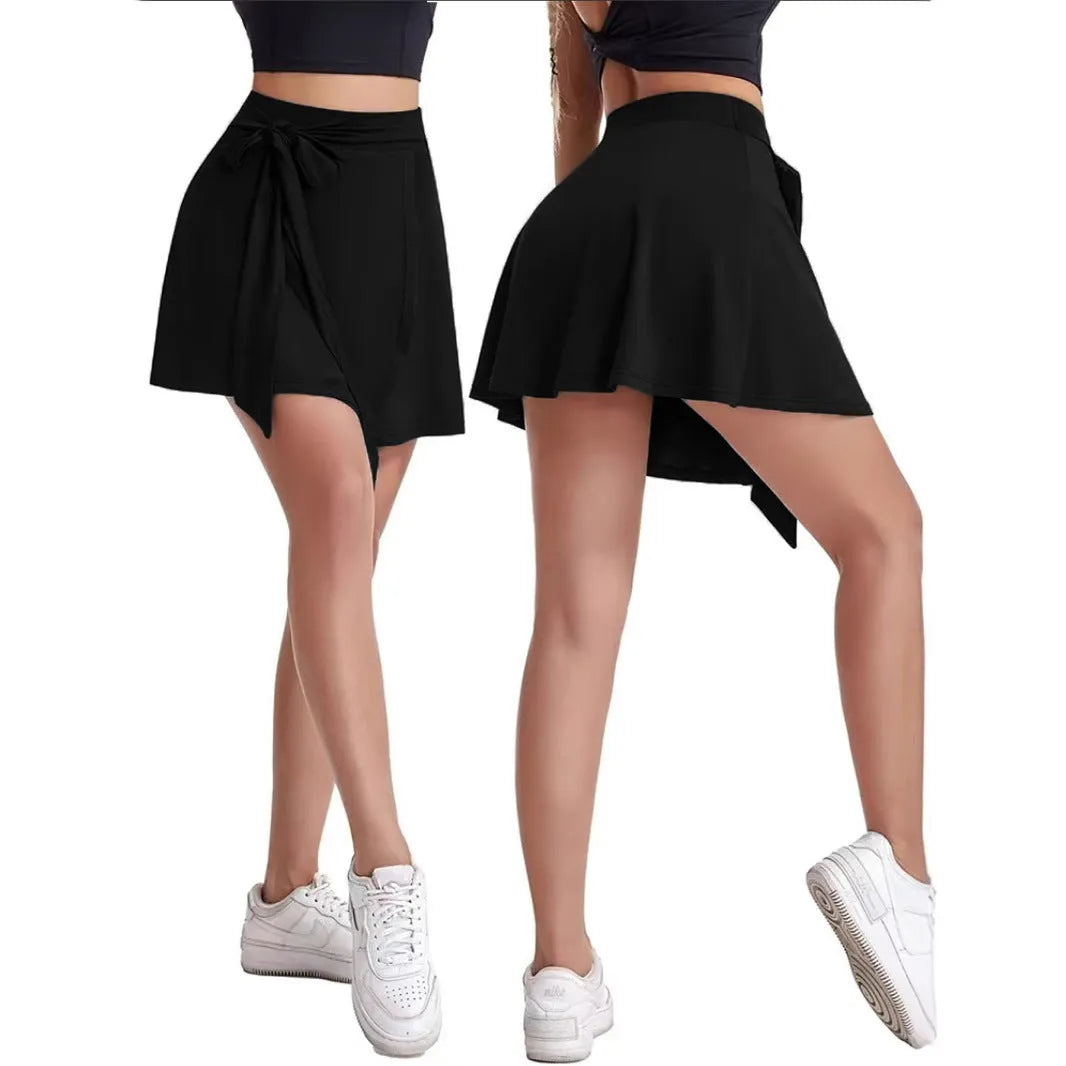 Black thigh-length unisex sports culotte skirt with shoulder straps and high waist