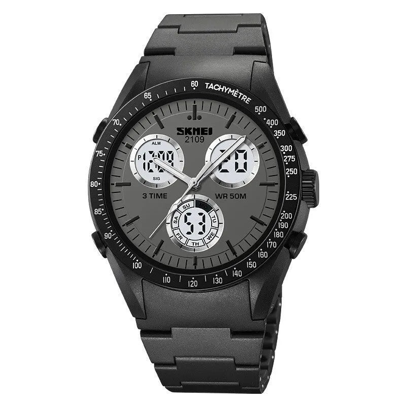 Unisex digital casual watch with camouflage strap and electronic display showing 50m water resistance.