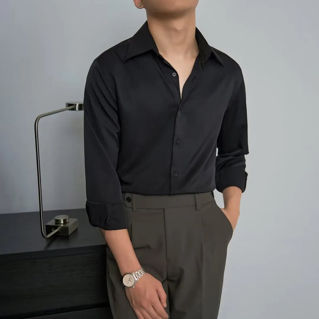 Men's black loose cardigan shirt with long sleeves in Korean slim fit style