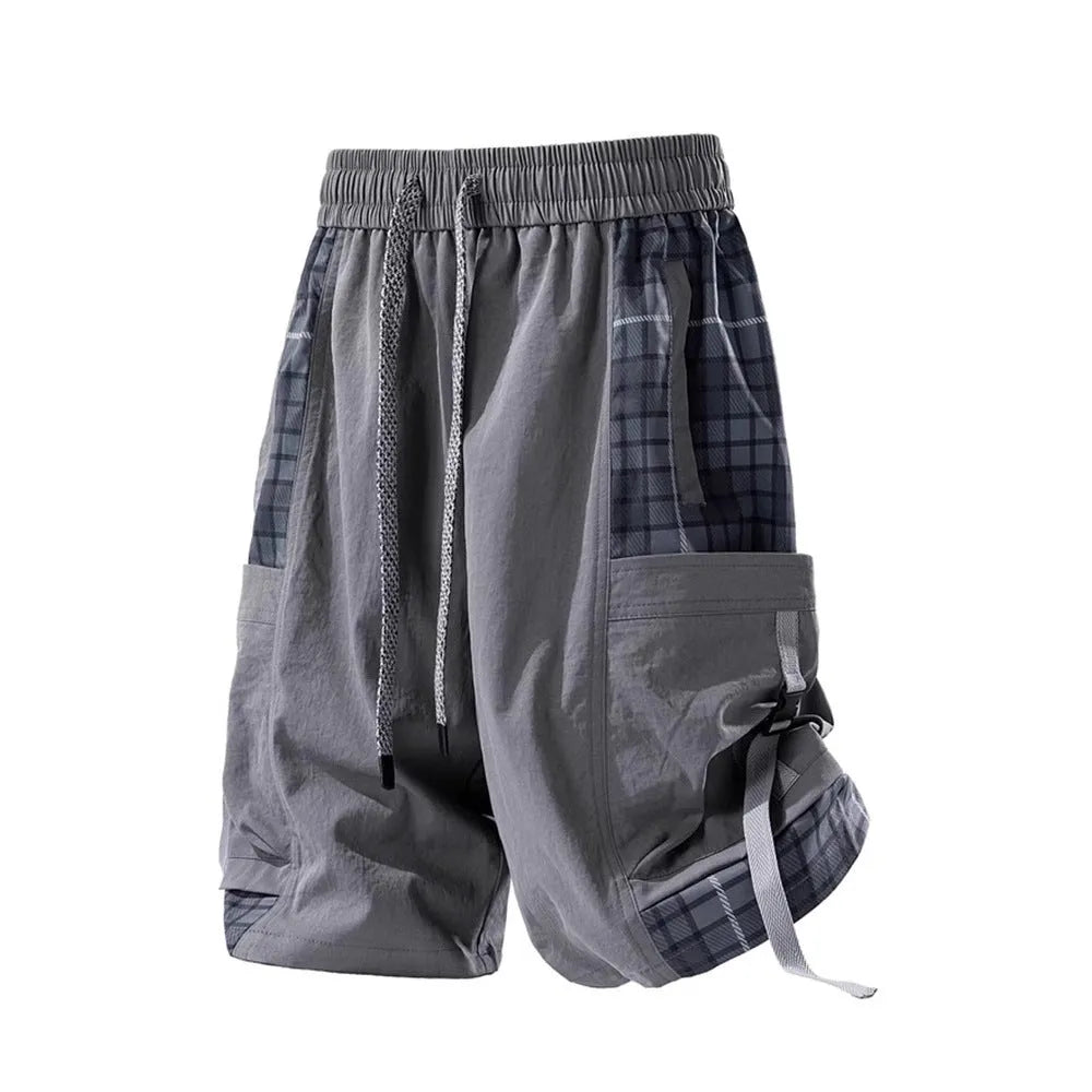 Men's loose plaid stitch cargo shorts in black, light grey, or smoky grey colours.