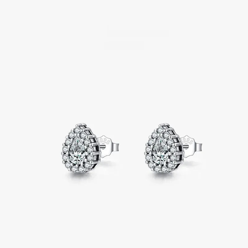 Women's 925 sterling silver water drop shape ear studs with diamond treatment