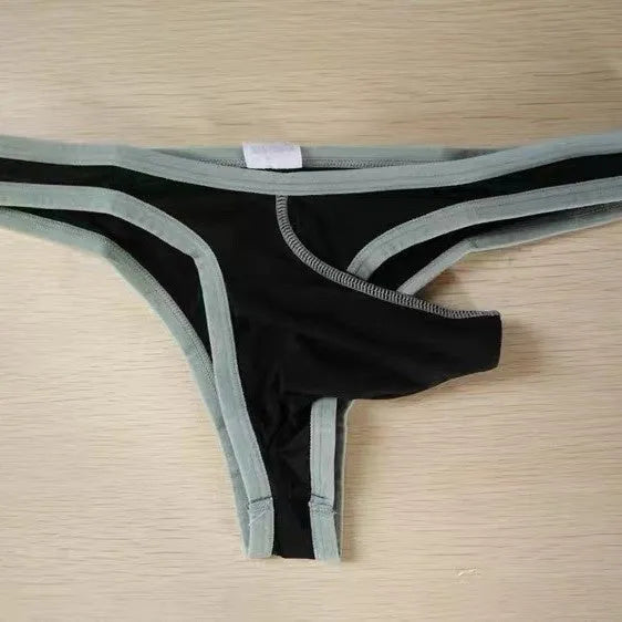 Men's ice silk briefs with elephant trunk pouch in seven colour options showing size tags