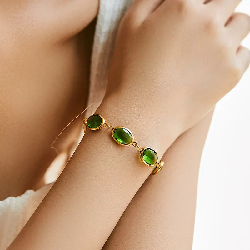 Geometric women's bracelet with glass inlay on 18K copper base in blue colour option