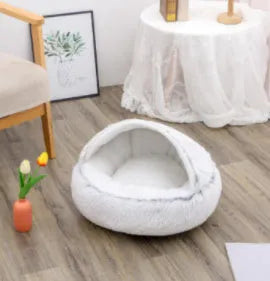 Cozy Cocoon pet bed in grey or brown plush with hooded design, sizes 40cm to 100cm