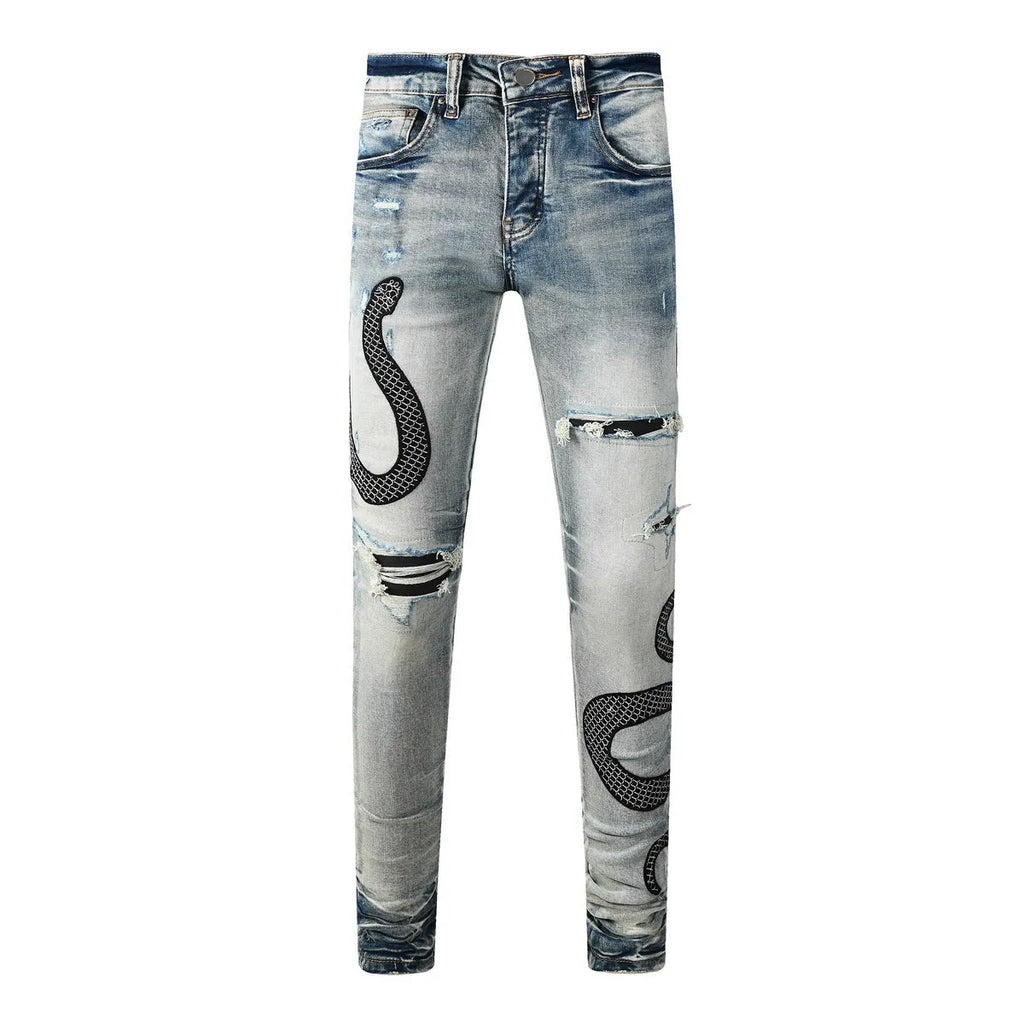 8934Blue distressed wash skinny jeans with micro elasticity and button fly opening