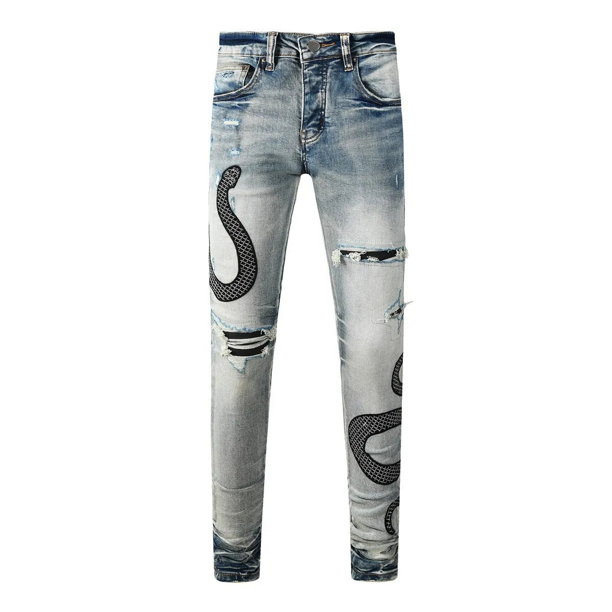 8934Blue distressed wash skinny jeans with micro elasticity and button fly opening