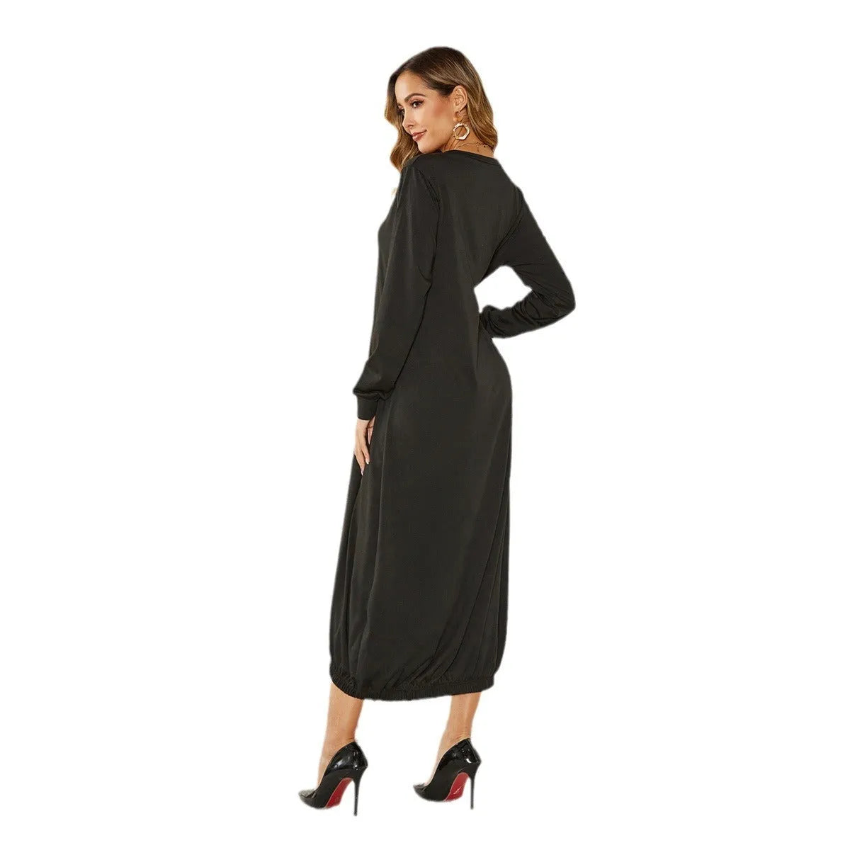 Black lace-up crew neck long lantern dress on a hanger, showing loose fit and lace detail.