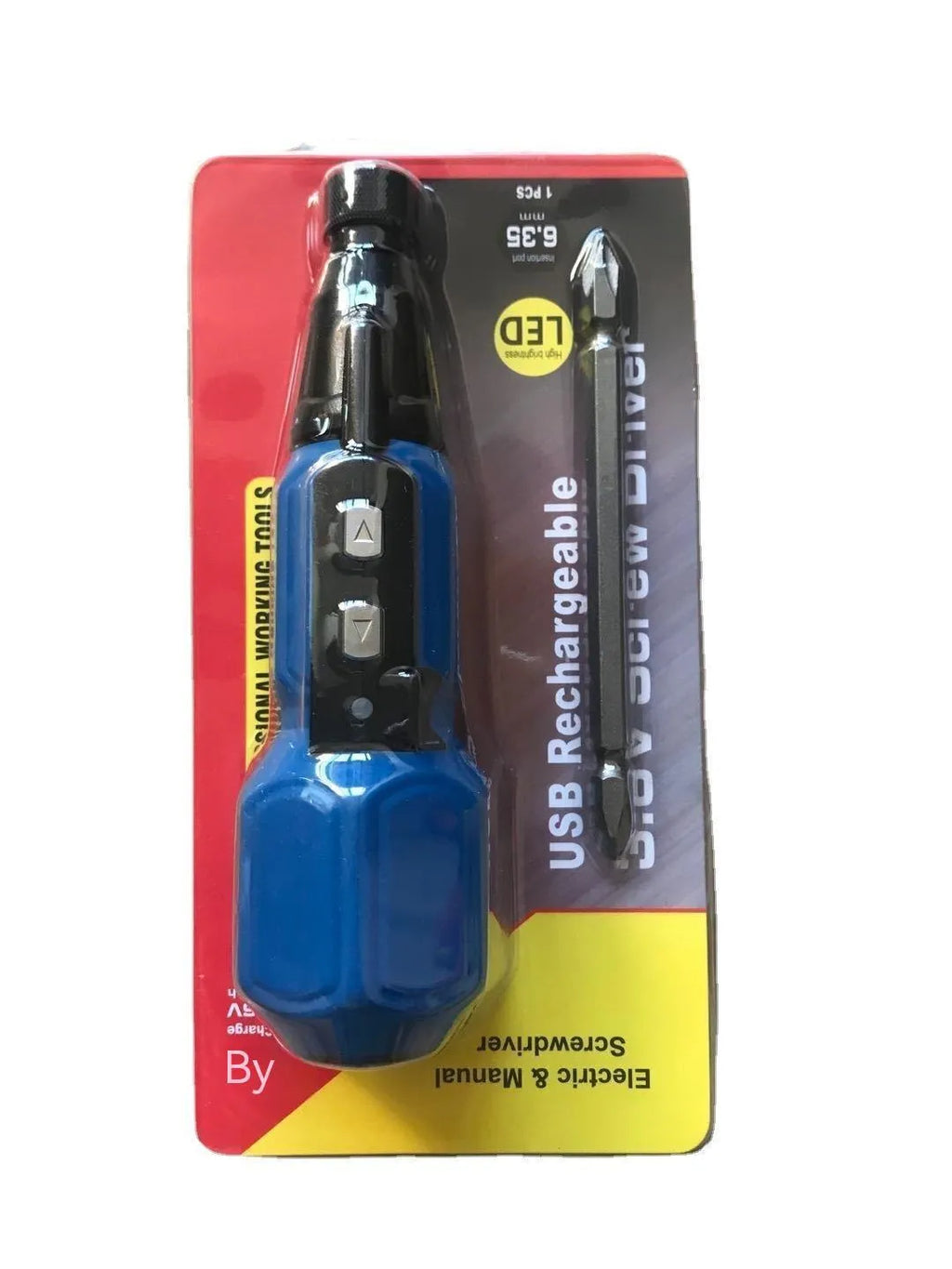 Black and blue 36V rechargeable electric screwdriver with a straight alloy steel handle.