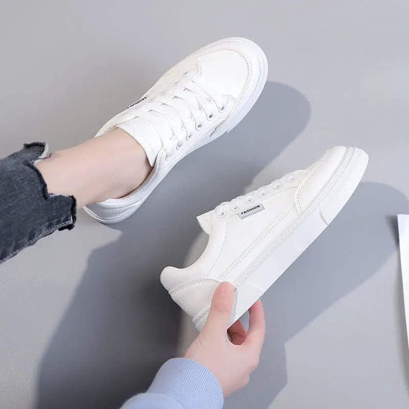 Korean style low top women's sneakers in white and brown colours