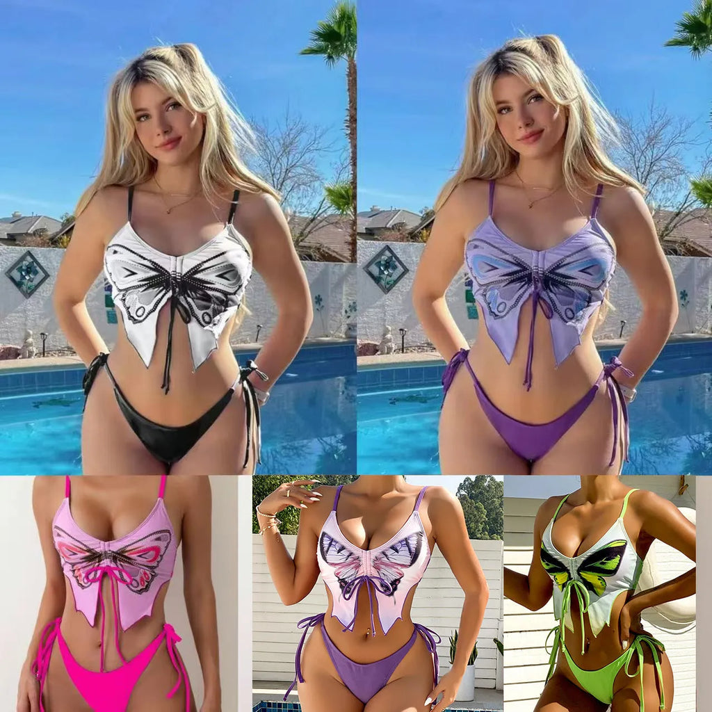 Women's purple bikini suit with bow detail and high-waisted briefs for swimming.