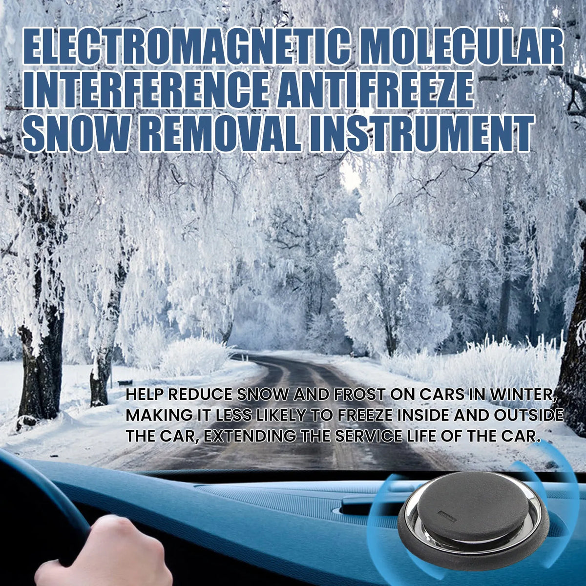 Compact black portable car deicing and snow melting instrument, 7.4 cm square.