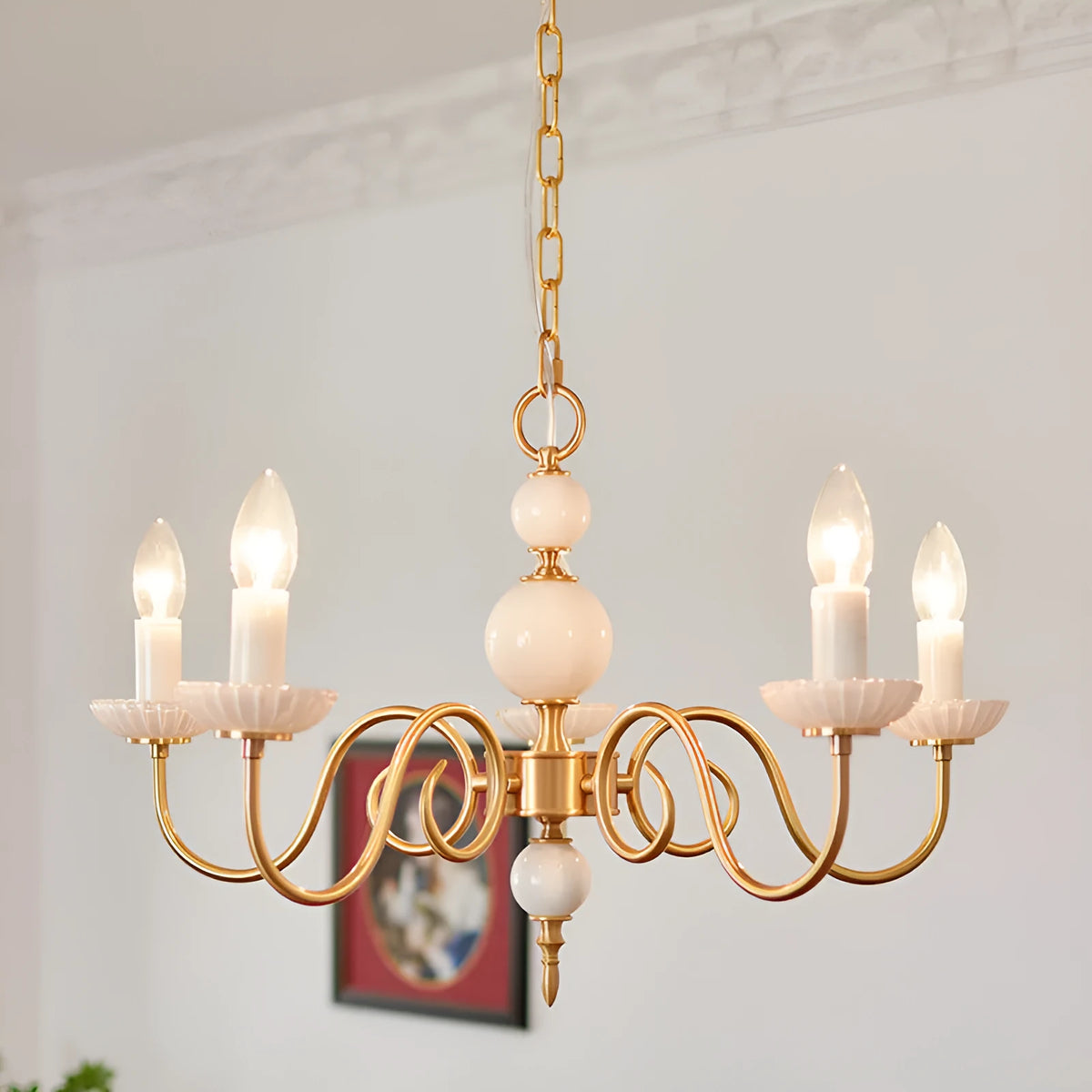 Retro French vintage milk glass and copper chandelier, three-head ceiling light, 45cm diameter, 37cm height, 220V