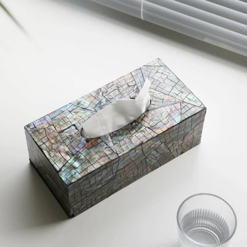 Black natural shell tissue box storage organiser with removable insert in rectangular and square options.