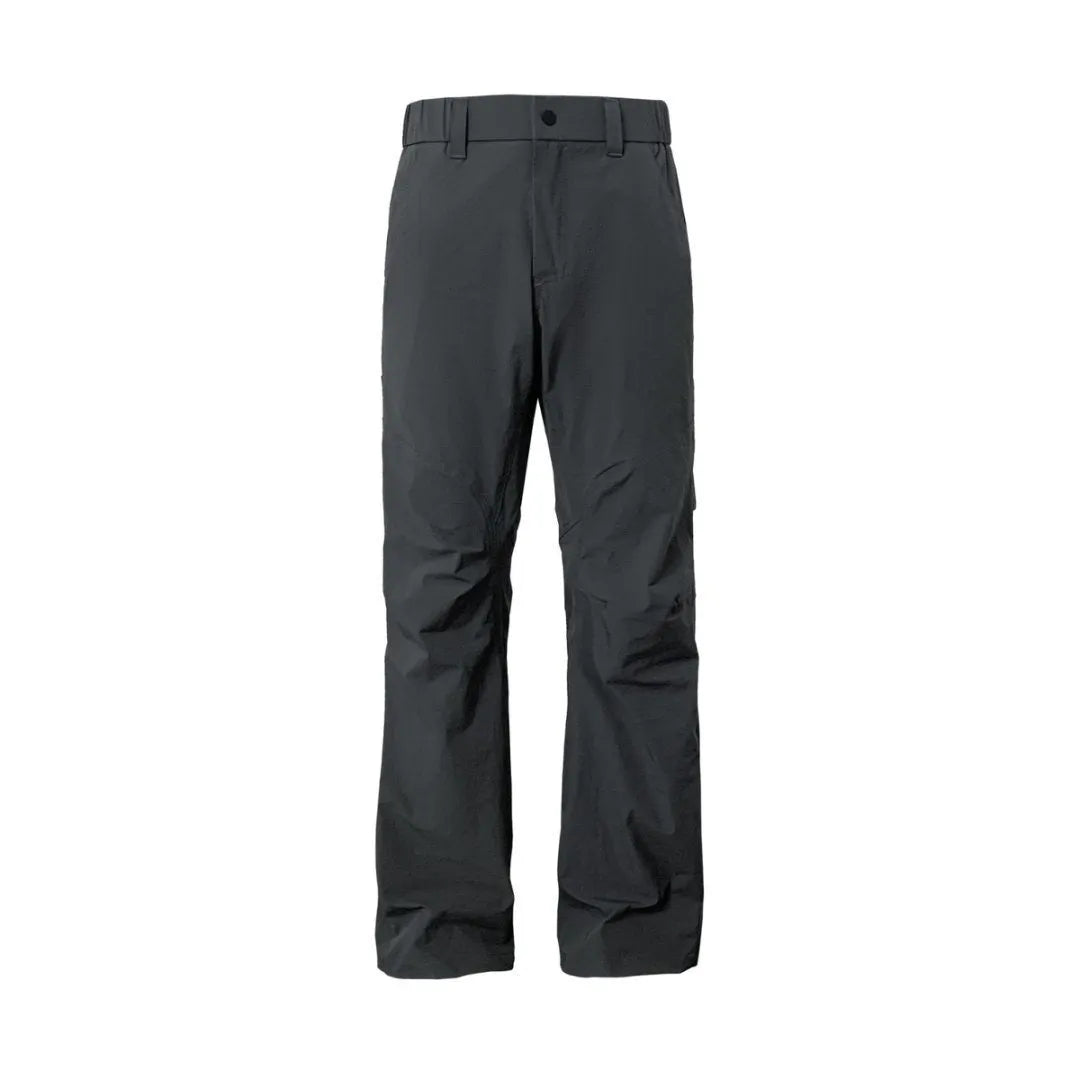 Men's straight-leg casual trousers in a neutral colour on a hanger, showing the mid-waist and elasticated waistband detail.