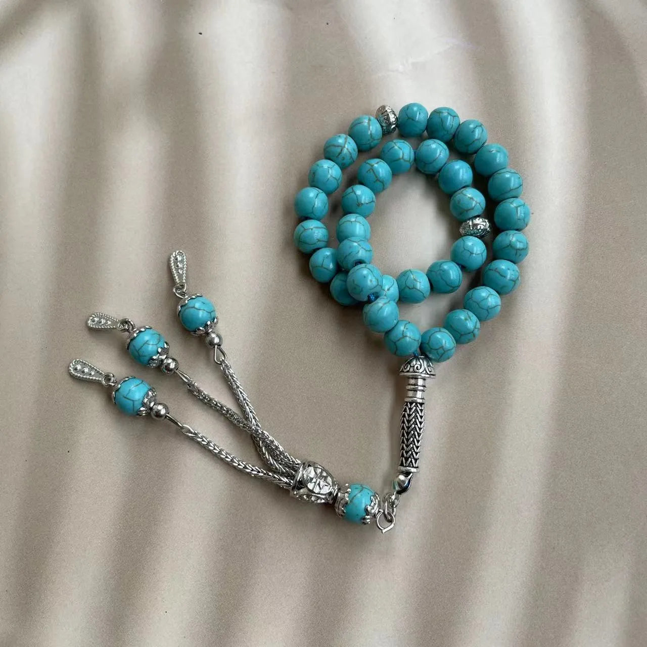 Handmade Muslim worship bracelet with sky blue 8mm stone beads for daily prayer counting